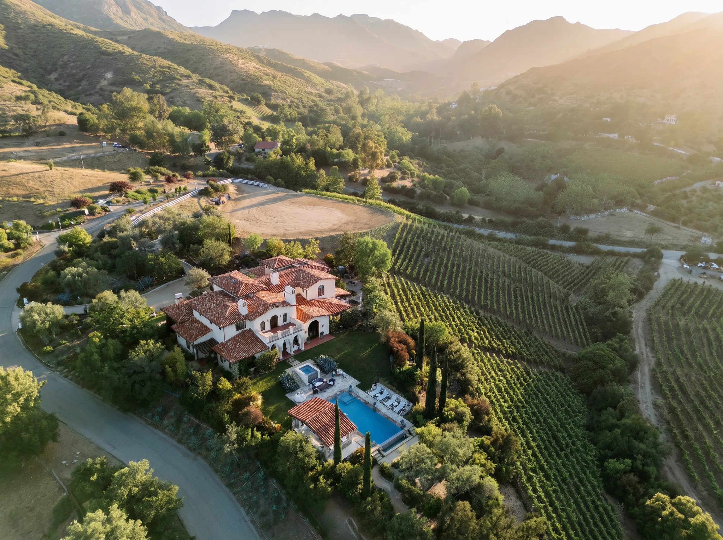 Aerial view of the AJA estate house, pool, and vineyards at golden hour in the Santa Monica Mountains