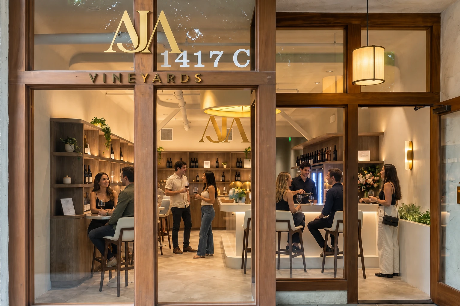 Guests enjoying wine inside the AJA Vineyards tasting room in Santa Monica