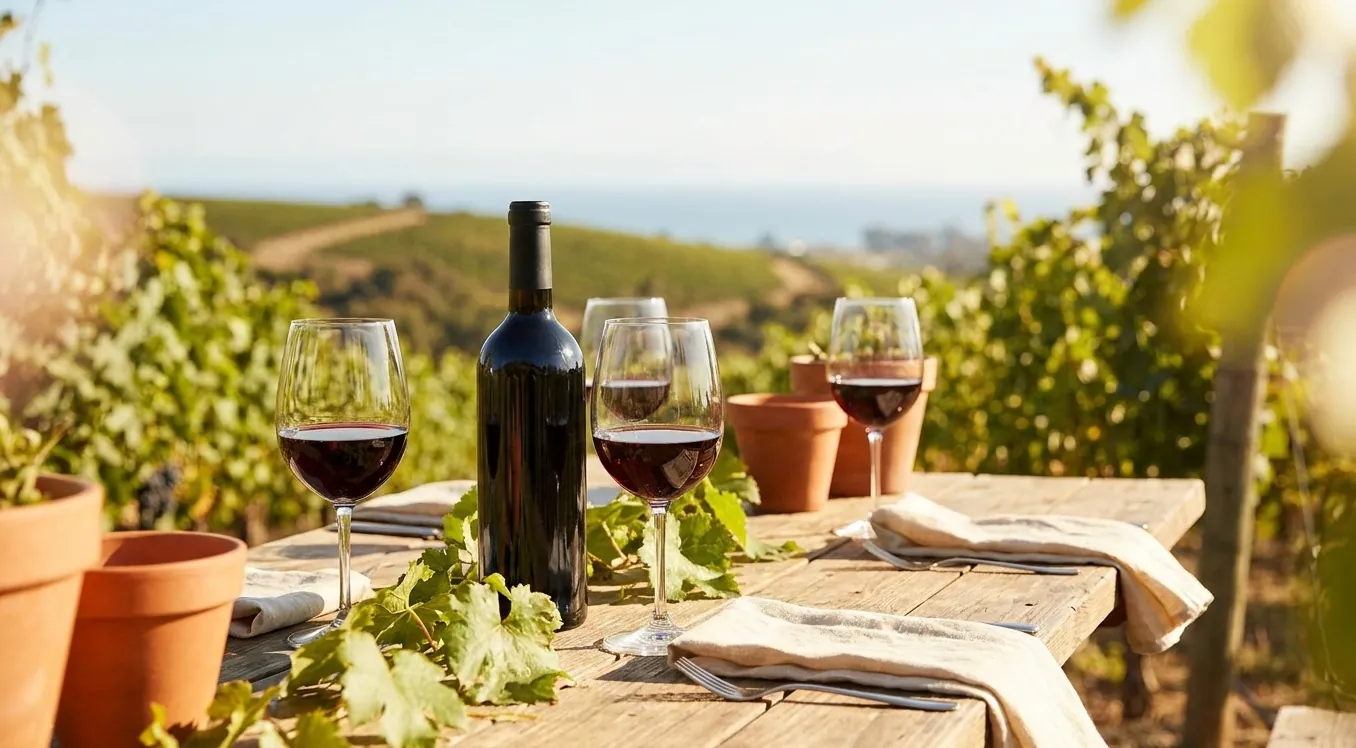 Glasses of AJA red wine at a coastal vineyard table